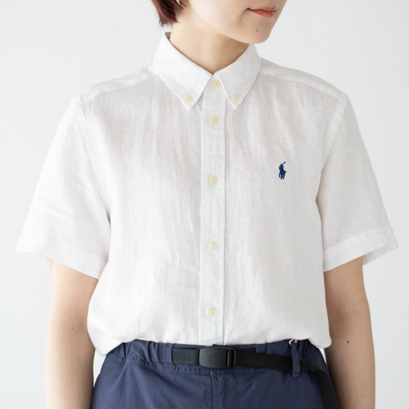 美品 ラルフローレン リネン100% 半袖シャツ ボタンダウン レディースL相当 Ralph Lauren - 00s ラルフローレン 100% リネン 無地 半袖
