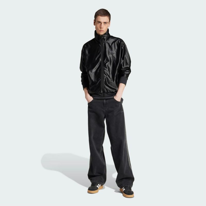 ◆美品◆ アディダス オールブラック レザーライク ジャージ ジャケット 光沢 adidas - アディダス トラックジャケット レザー調